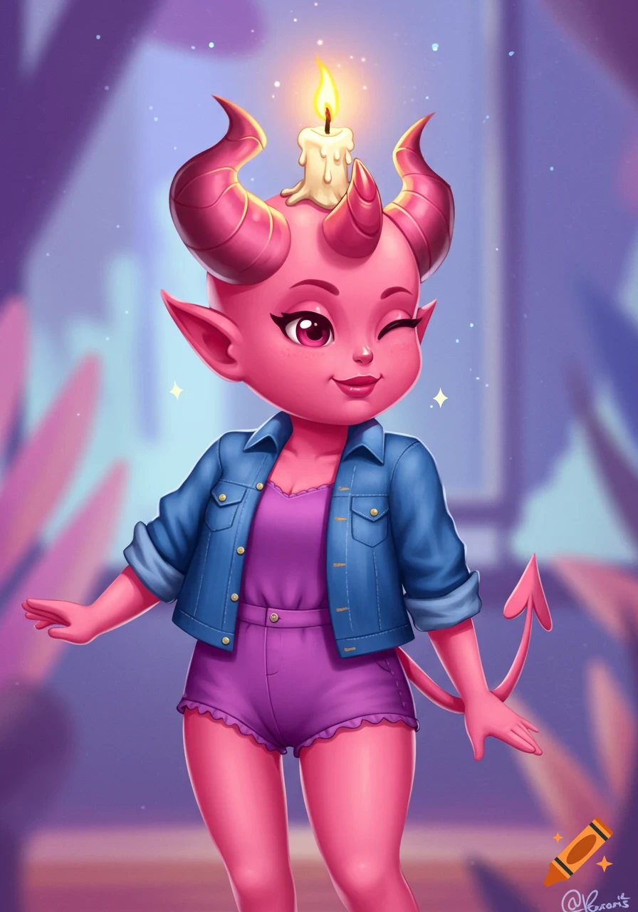 A cute pink demon with horns, a lit candle on her head, wearing a purple romper and denim jacket, winks in a vibrant illustration.