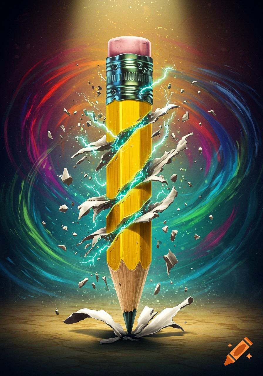 A yellow pencil cracks, emitting blue lightning and debris, against a swirling, vibrant rainbow background.