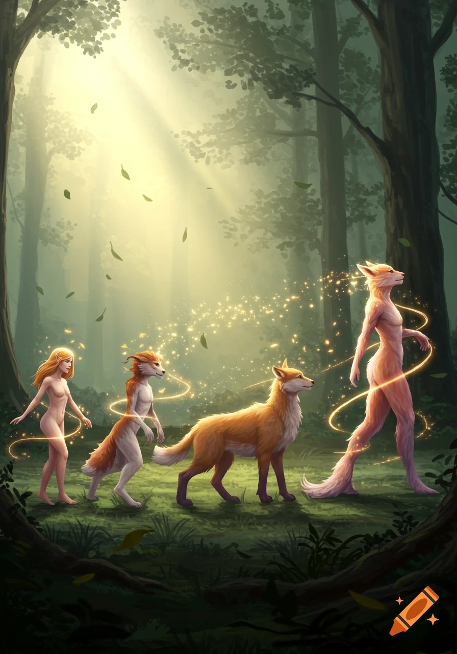 An illustrated fantasy image shows a blonde woman transforming into a fox in four stages, walking through a sunlit forest with golden sparks.