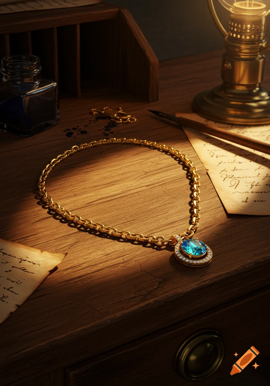 A gold chain necklace with a blue gemstone pendant on a wooden desk with an inkwell, quill pen, old letters, and an antique lantern, dramatically lit.