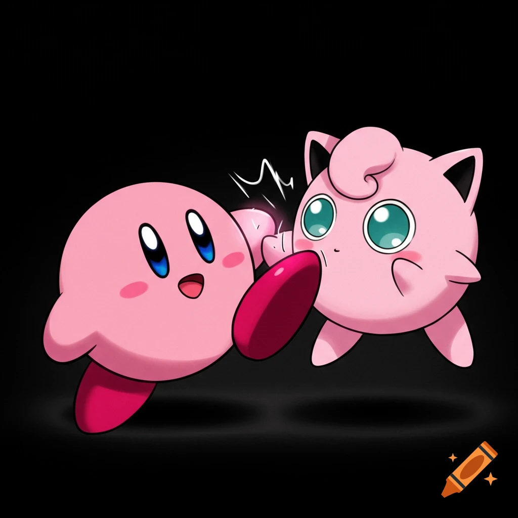 Kirby kicks Jigglypuff in the face with his foot in an anime manga art style on a black background.