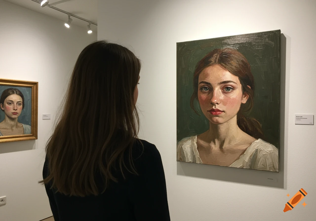 A person viewed from behind in an art gallery, looking at a large oil painting portrait of a woman. Another smaller portrait hangs in the background.