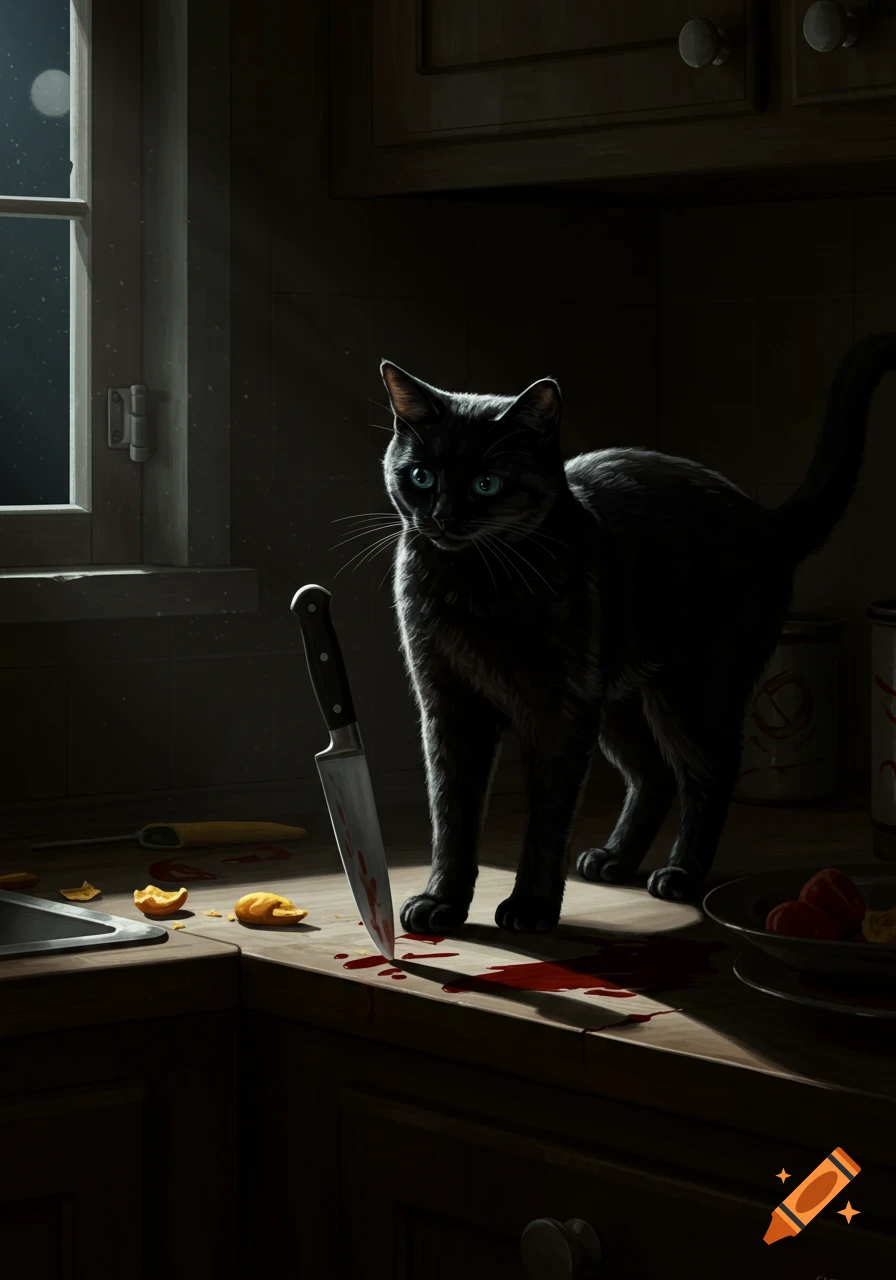 A black cat with blue eyes stands on a dark kitchen counter next to a blood-stained knife and spilled blood.