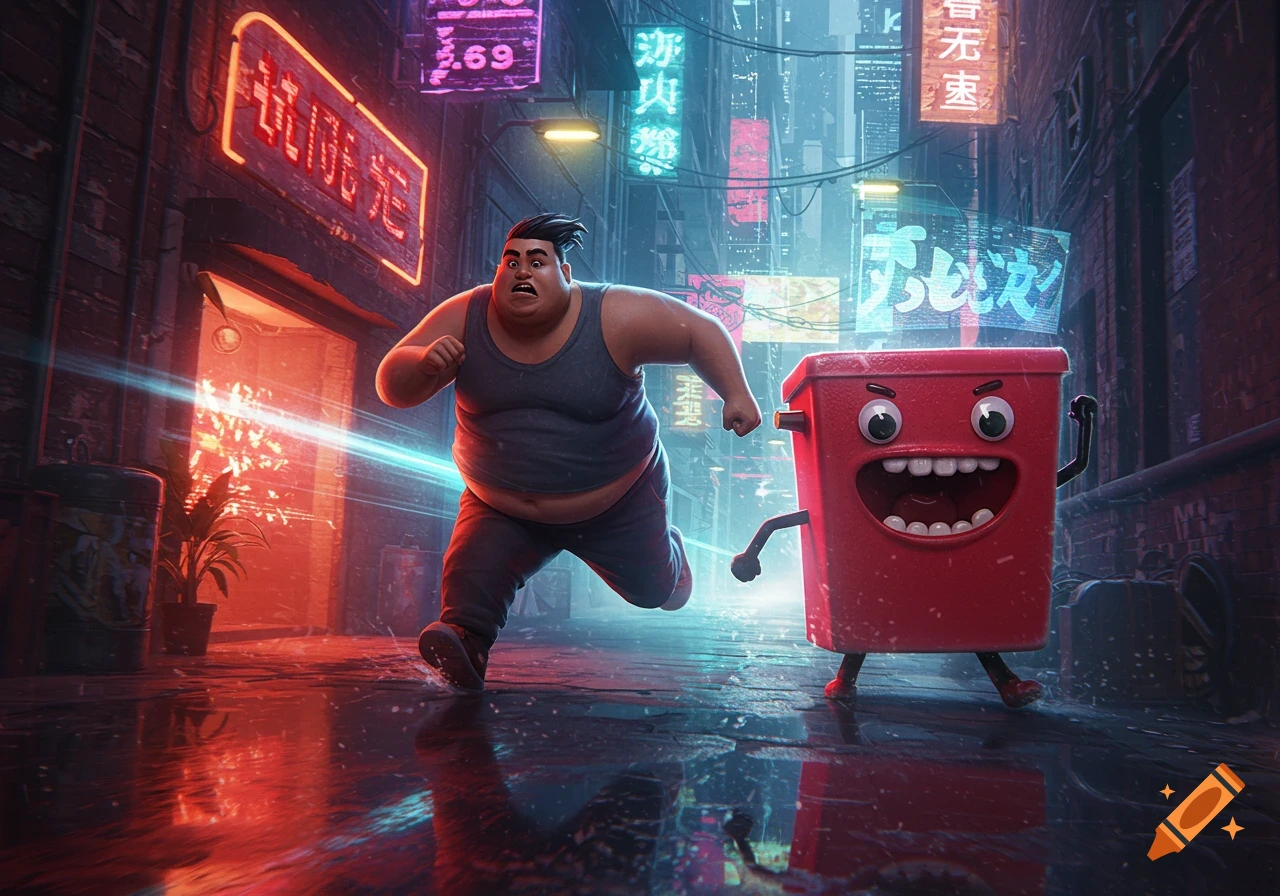 A cartoonishly fat man in a tank top runs through a neon-lit cyberpunk alley, chased by a red Skibidi toilet with a wide grin.