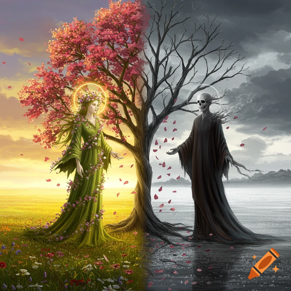 A painting depicting a goddess of life on the left, adorned with flowers by a blooming tree, and a skeletal figure of death on the right by a barren tree, divided between vibrant and desolate landscapes.