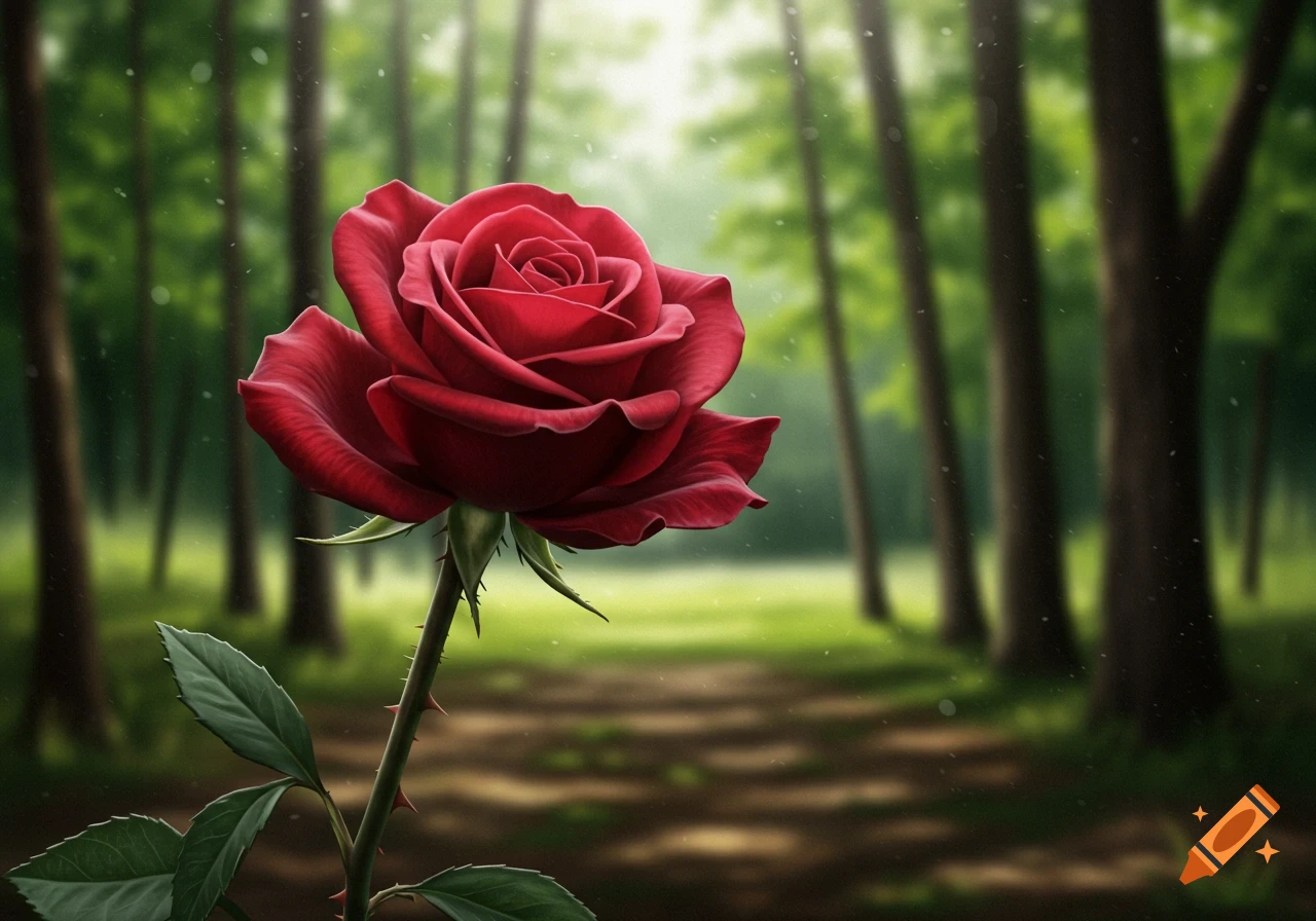 A vibrant red rose with green leaves and thorns stands in the foreground of a blurred forest path.