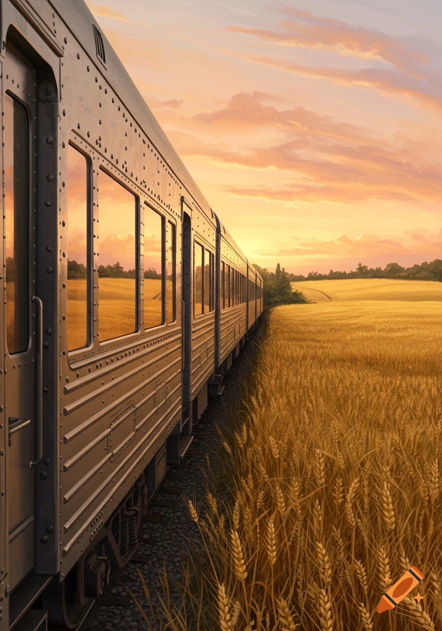 A train travels alongside a golden wheat field under a warm sunset sky with orange and pink clouds.