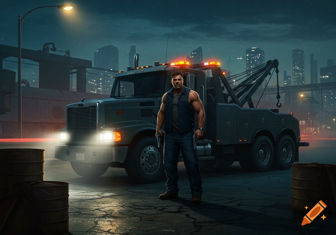 Muscular man with two pistols stands in front of a tow truck at night in a city.