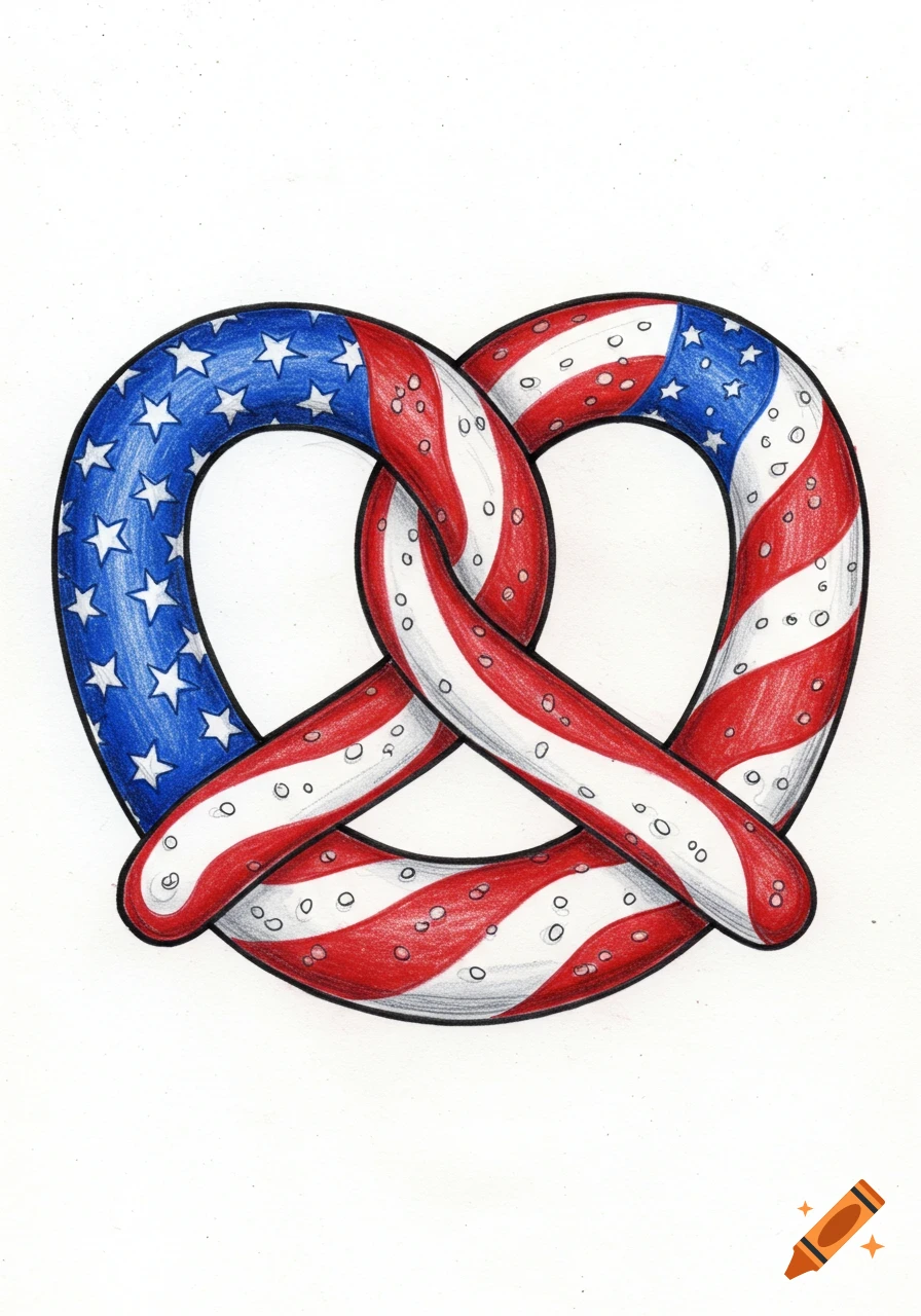 A colored pencil sketch of a pretzel decorated with the American flag's stars and stripes.