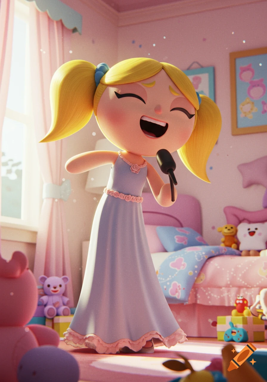 A joyful blonde cartoon girl in a light blue dress sings into a microphone in a brightly lit, pink 3D rendered bedroom.