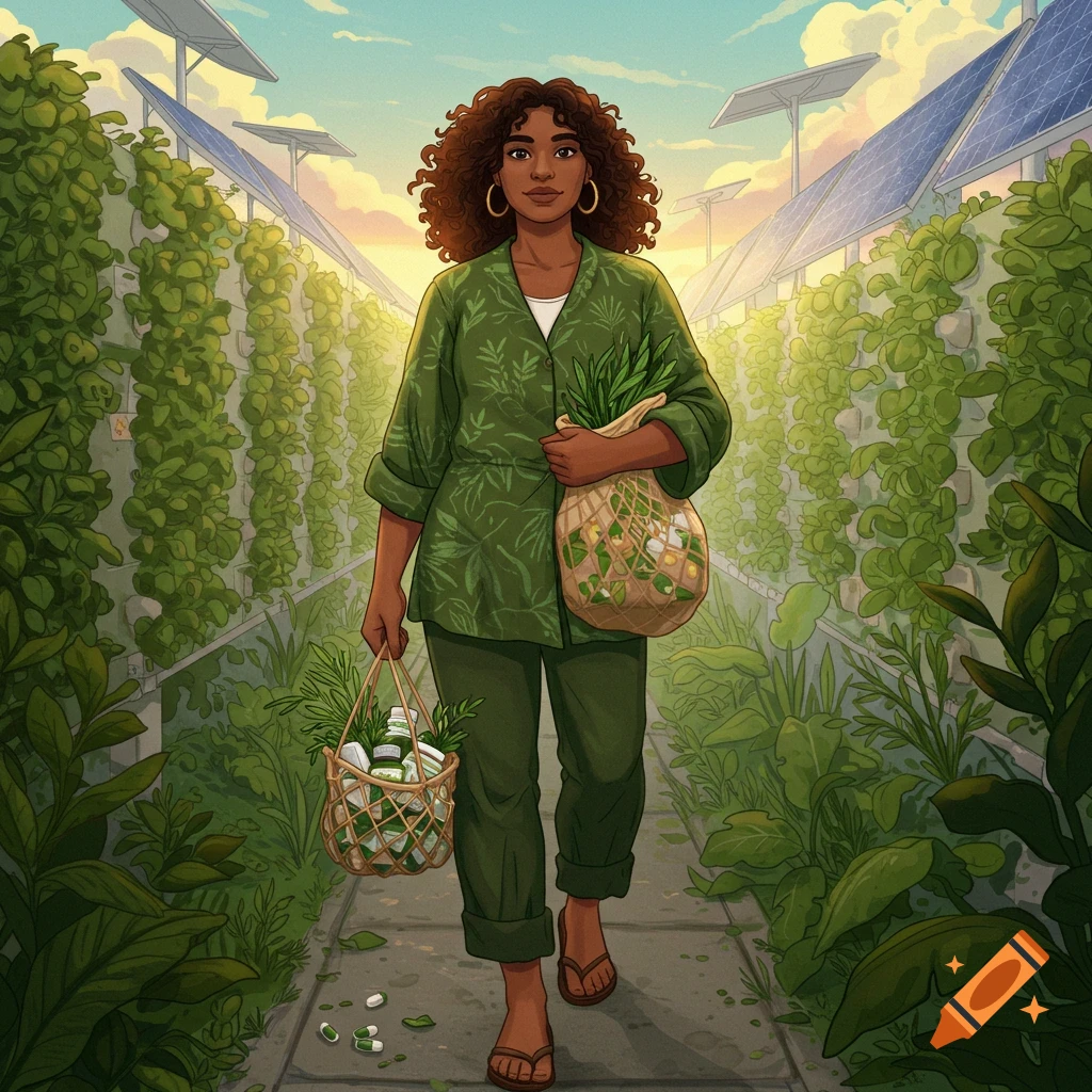 A dark-skinned woman with curly hair walks through a vertical farm with solar panels, carrying bags of fresh produce and health supplements.