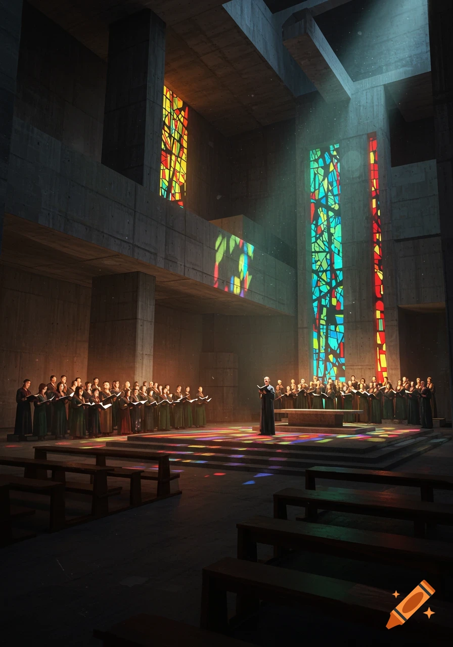 A choir sings in a dimly lit, brutalist church, with colorful light from abstract stained glass windows illuminating the floor.