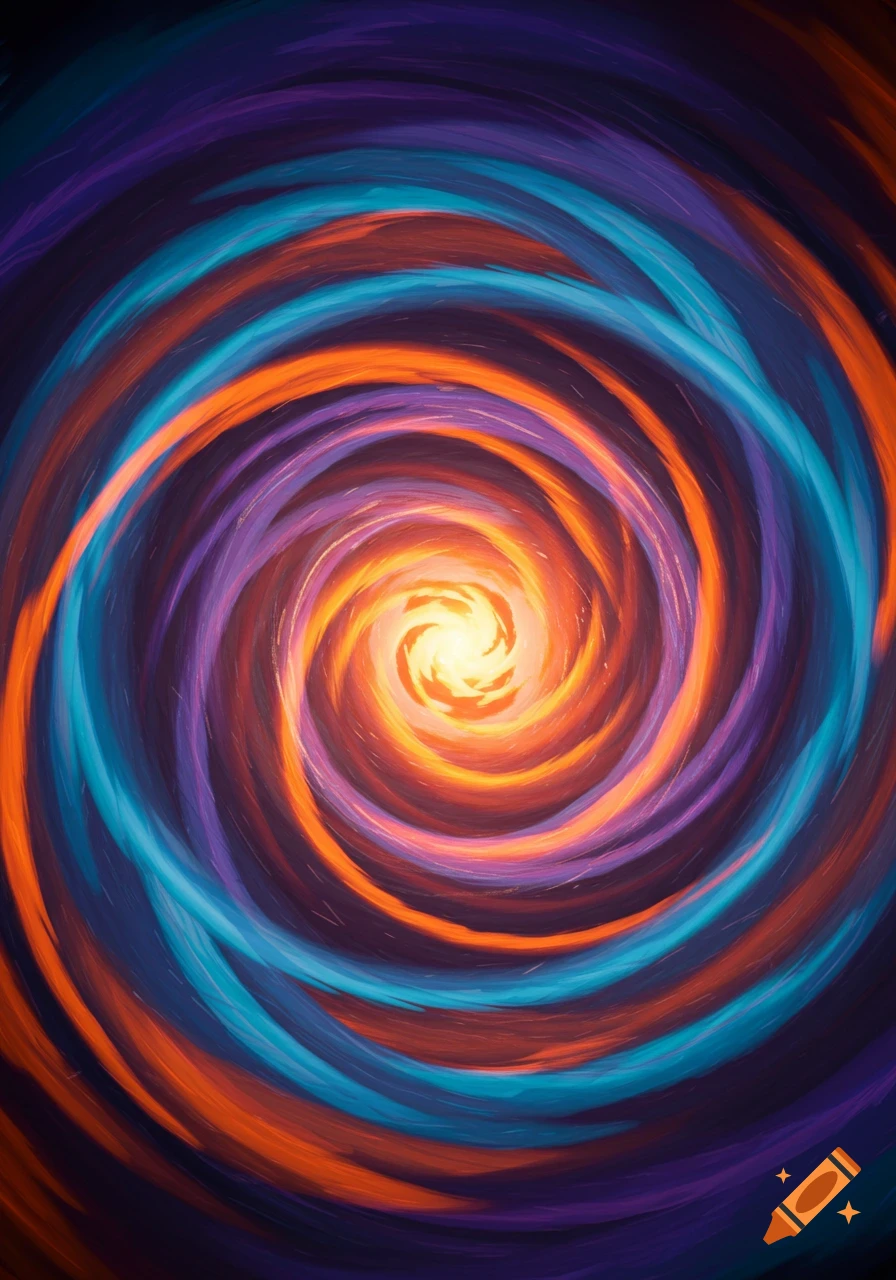 A vibrant abstract swirl of orange, purple, and blue colors, with a bright yellow-orange center.
