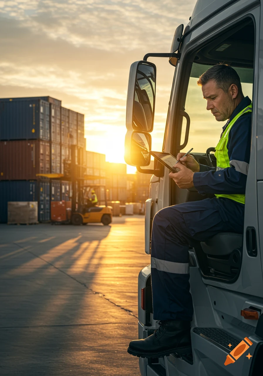 Man in high-vis vest in a truck checking a tablet at a sunny shipping yard with containers and forklift.