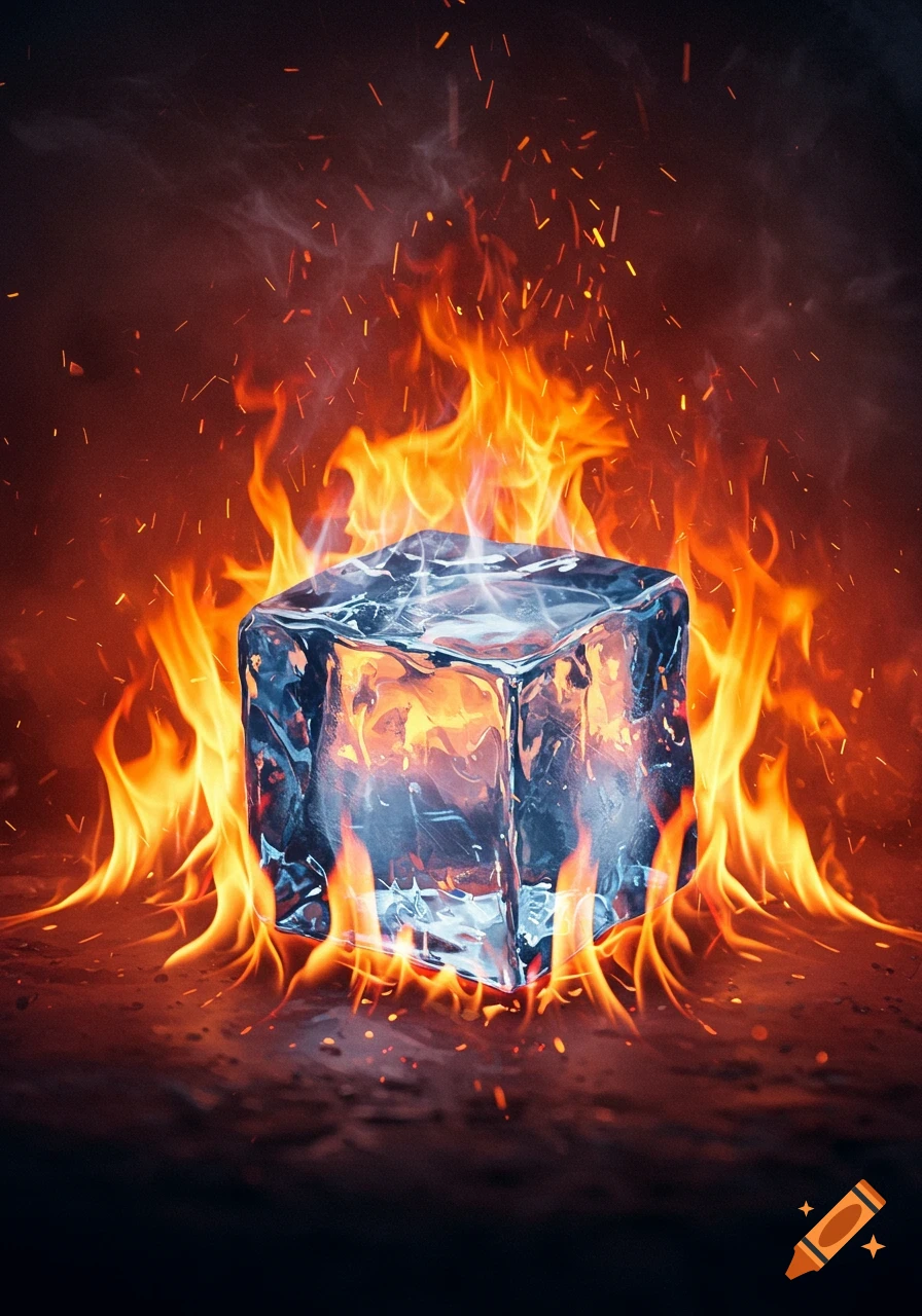 A photorealistic image of a translucent ice cube engulfed in tall, orange and red flames with flying sparks.