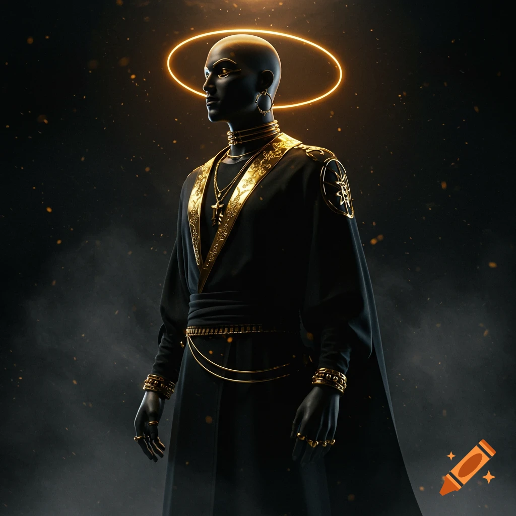 Stylized character in black and gold attire with a glowing halo against a dark, mysterious background, digital art.