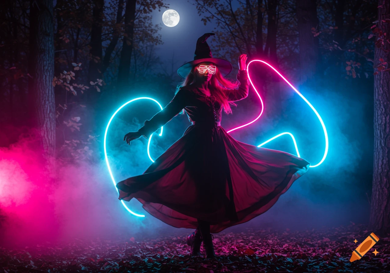 A witch in a dark dress and hat with glowing neon sunglasses dances in a misty autumn forest under a full moon, surrounded by pink and blue neon lights.