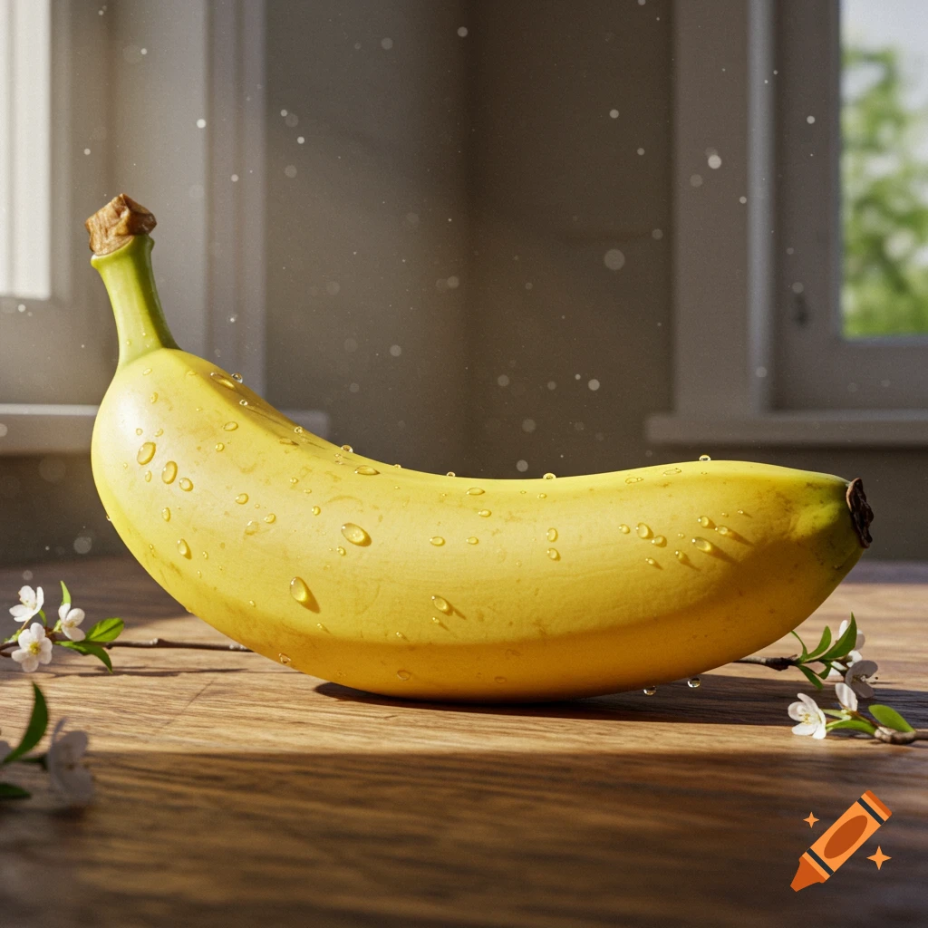 Photorealistic close-up of a yellow banana with water droplets on a wooden table, illuminated by sunlight from a window.