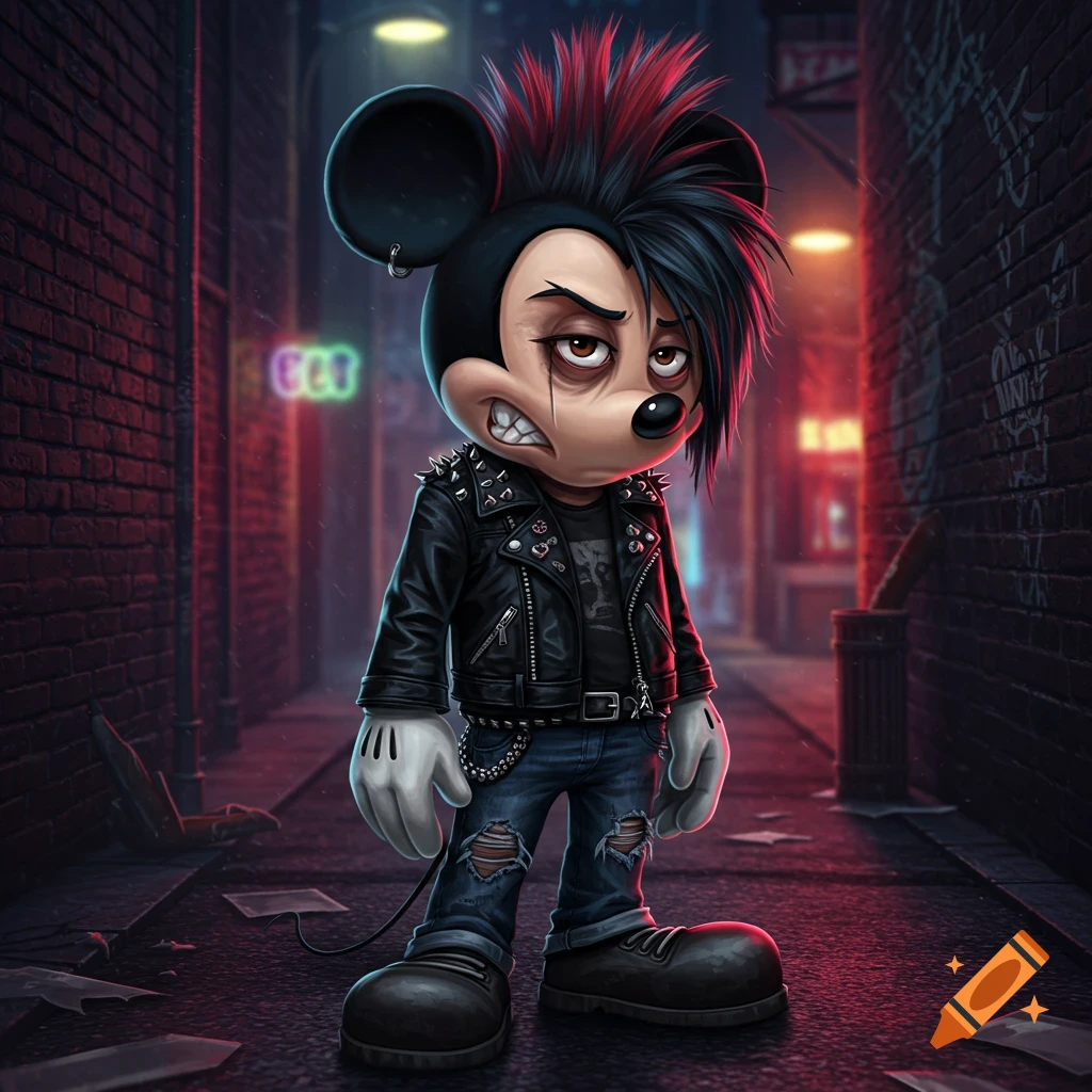 An emo/punk Mickey Mouse with a black mohawk, studded leather jacket, and ripped jeans stands in a dark, gritty alleyway.