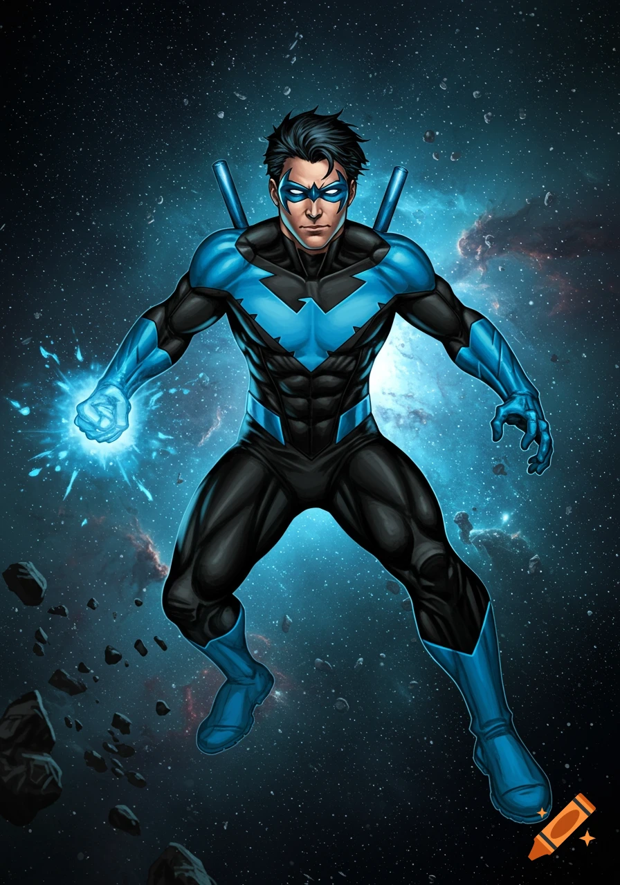 Nightwing, in a blue and black suit, stands against a starry space background, his left fist glowing with blue energy.