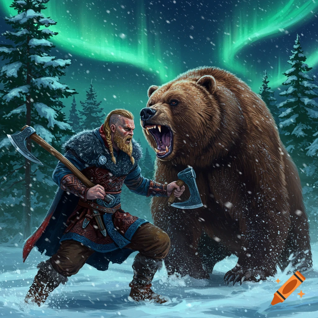 A fierce Viking warrior with battle axes confronts a roaring brown bear in a snowy forest under the northern lights.