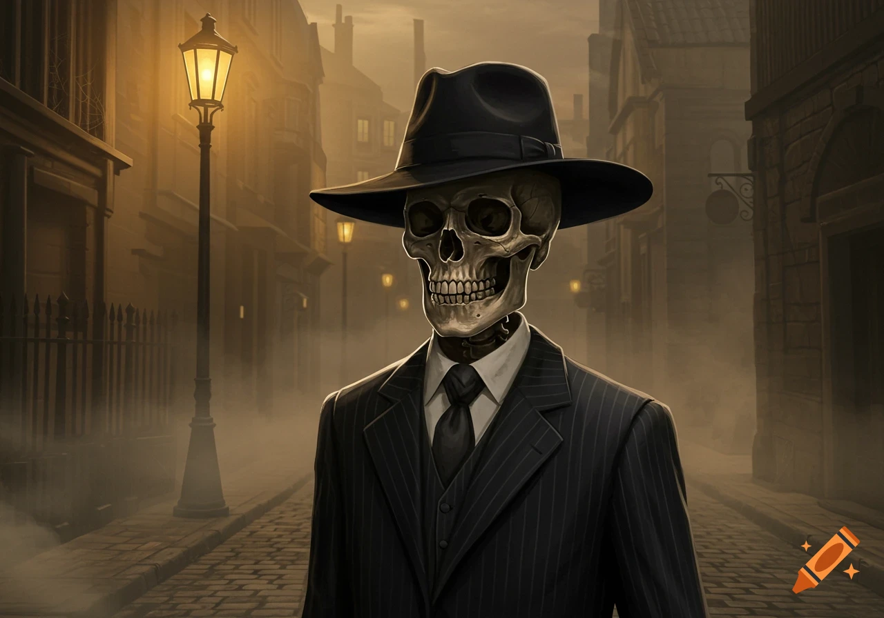 A skeleton wearing a pinstripe suit and fedora stands on a misty, gas-lit cobblestone street at dusk.
