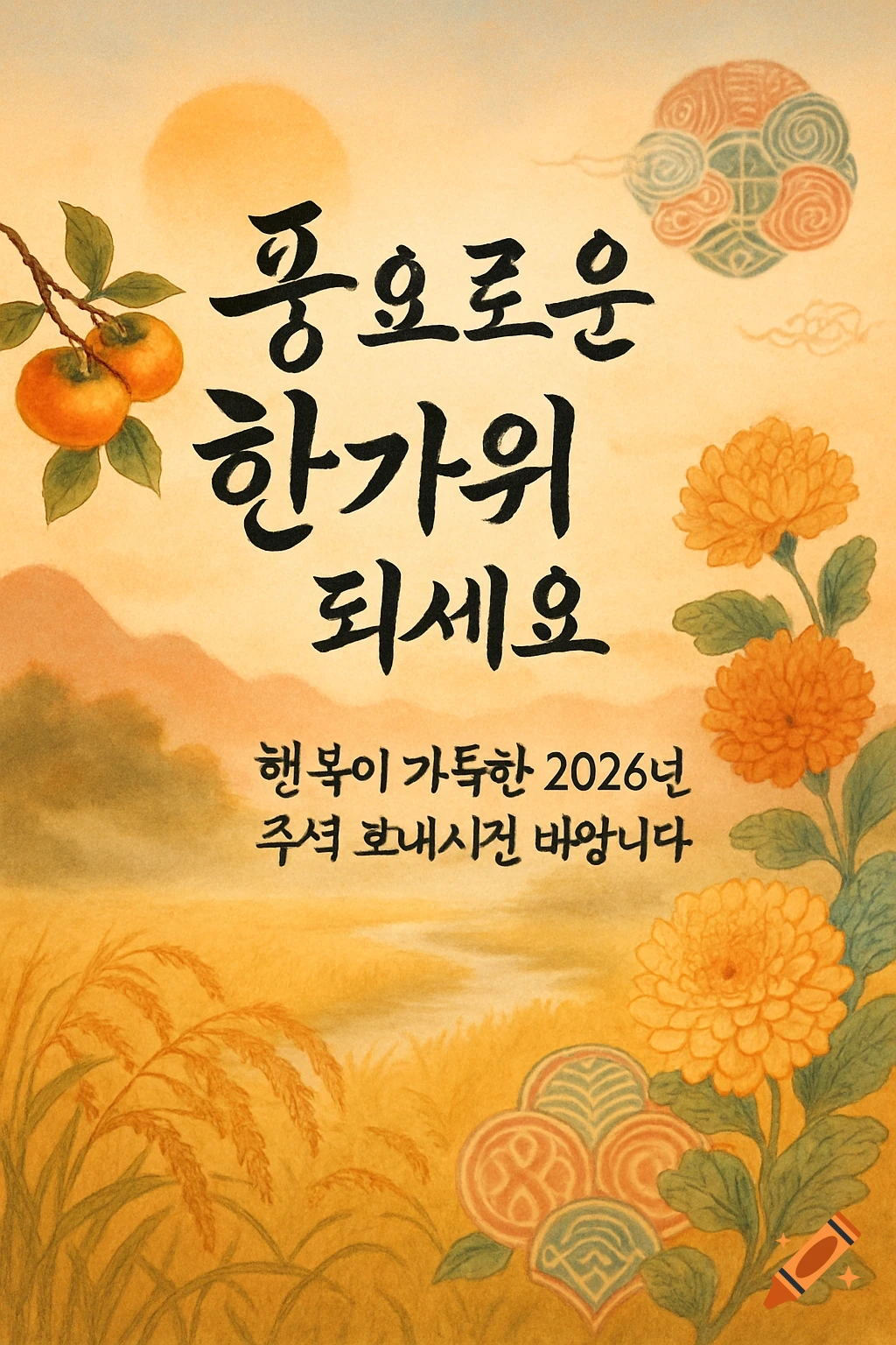 An autumnal landscape with a golden sun, rolling hills, and a rice field. Branches of persimmons and chrysanthemums frame Korean calligraphy wishing a bountiful and happy Chuseok in 2026, in a traditional watercolor style.
