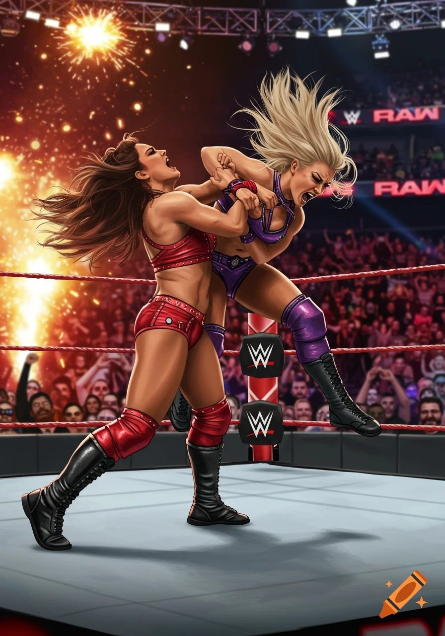 Two female wrestlers grapple in a vibrant, illustrated wrestling ring with a cheering crowd and fireworks.