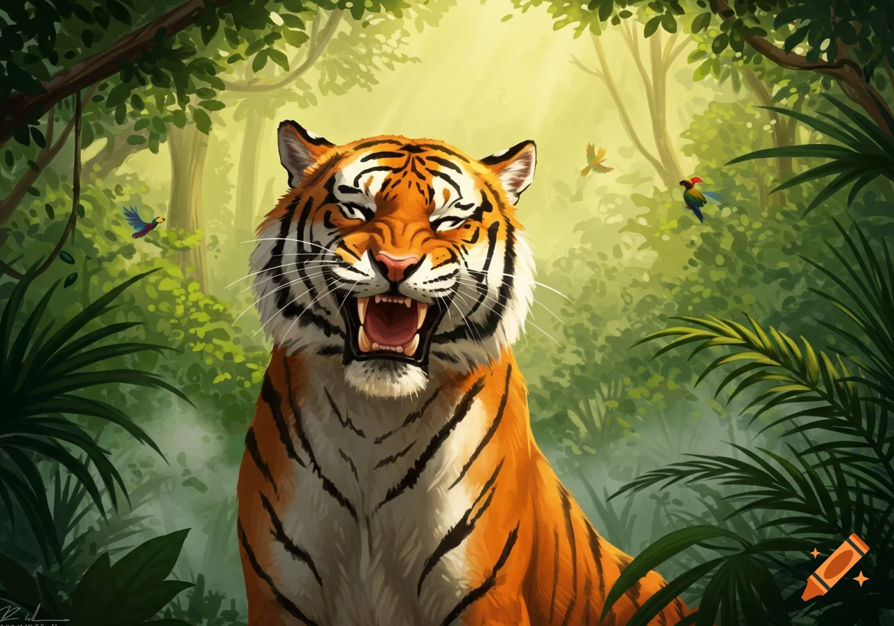A stylized, vibrant illustration of a roaring tiger in a lush green jungle with birds.