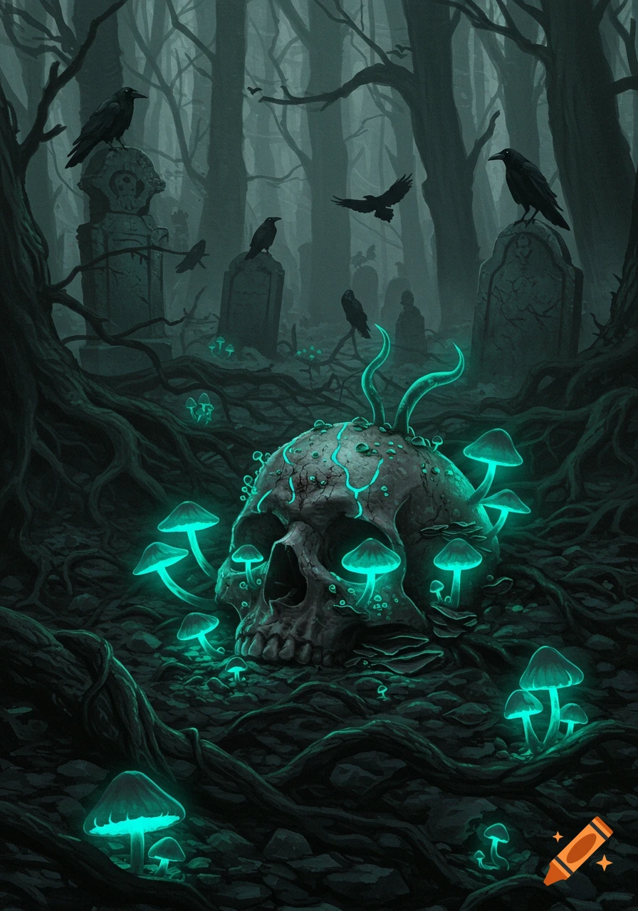 Dark, atmospheric illustration of a skull covered in glowing turquoise mushrooms and vines in a spooky forest with gravestones and crows.