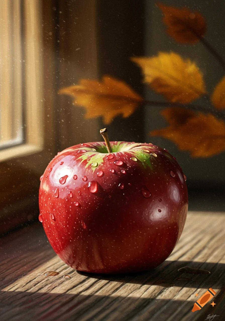 A vibrant red apple covered in water droplets sits on a sunlit wooden table, with blurred autumn leaves in the background.