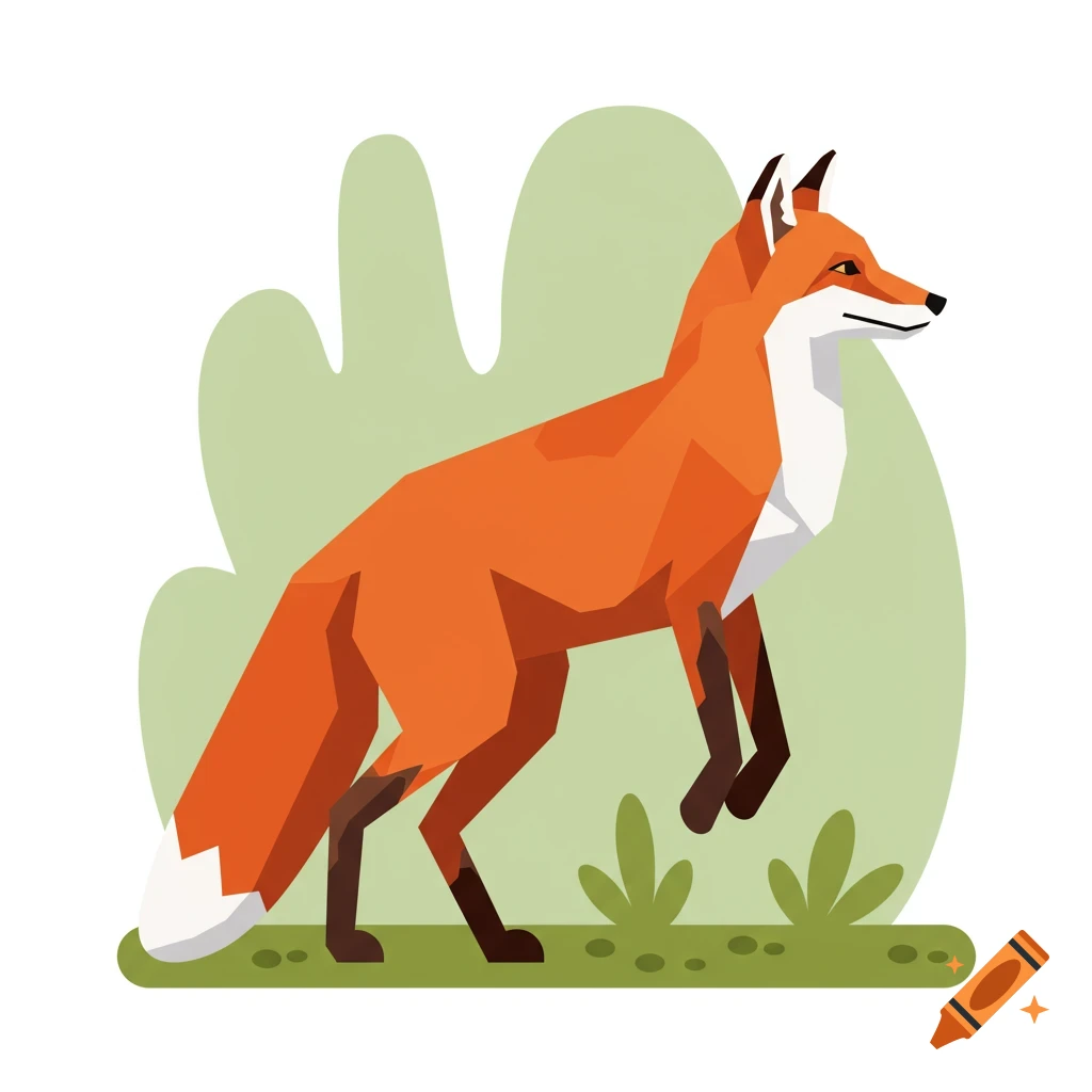 Stylized illustration of an orange fox in a dynamic pose against a light green background with grass.