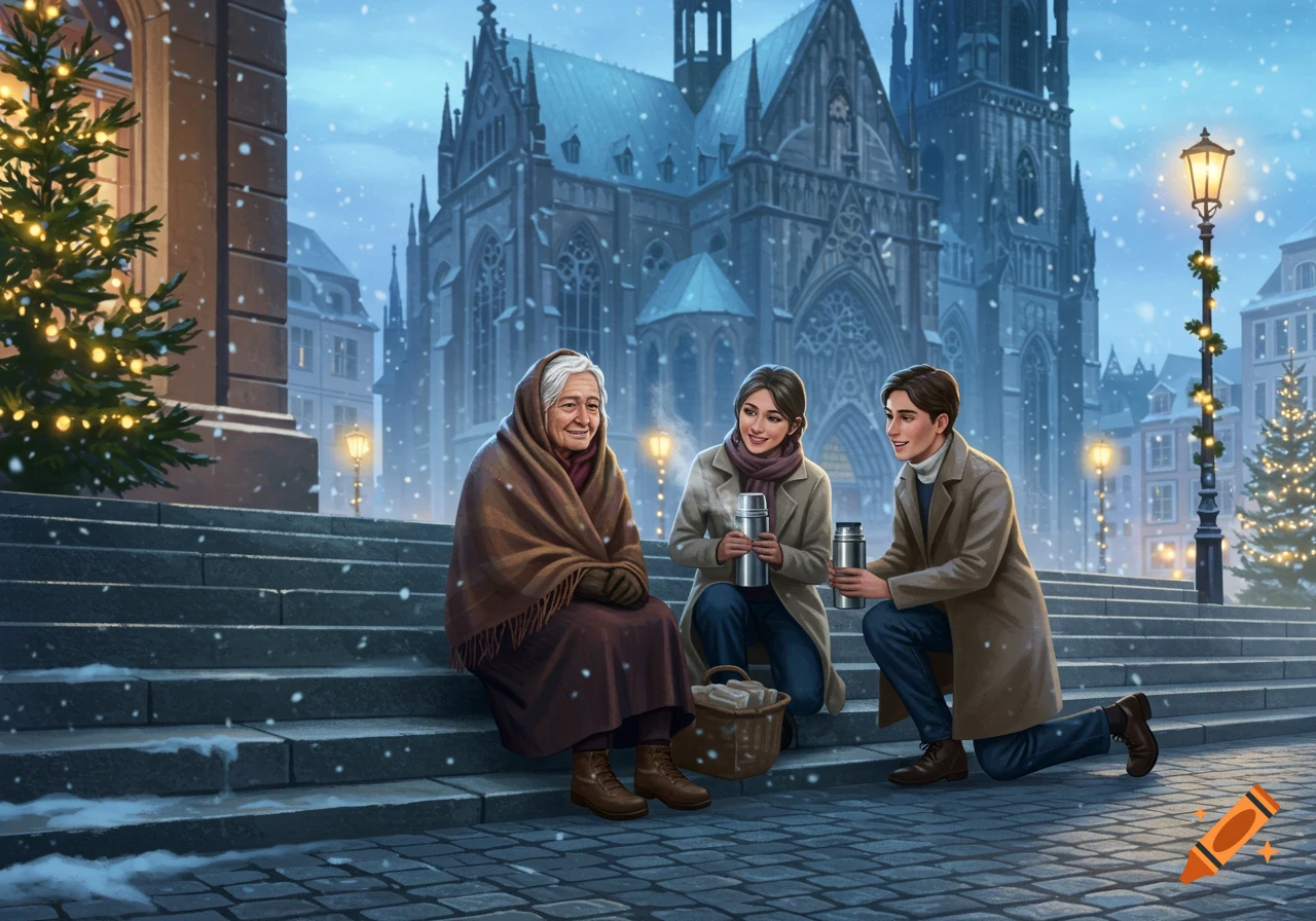 An elderly woman sits on snowy steps, receiving warm drinks from a young man and woman in front of a grand Gothic church in a winter city.