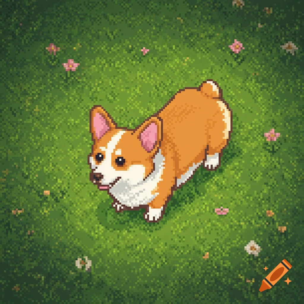Top-down pixel art of a cute orange and white corgi dog on green grass with small pink and white flowers.