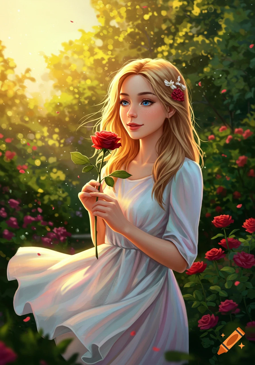 A beautiful young girl with blonde hair in a white dress holds a red rose in a sunlit garden, digital painting.
