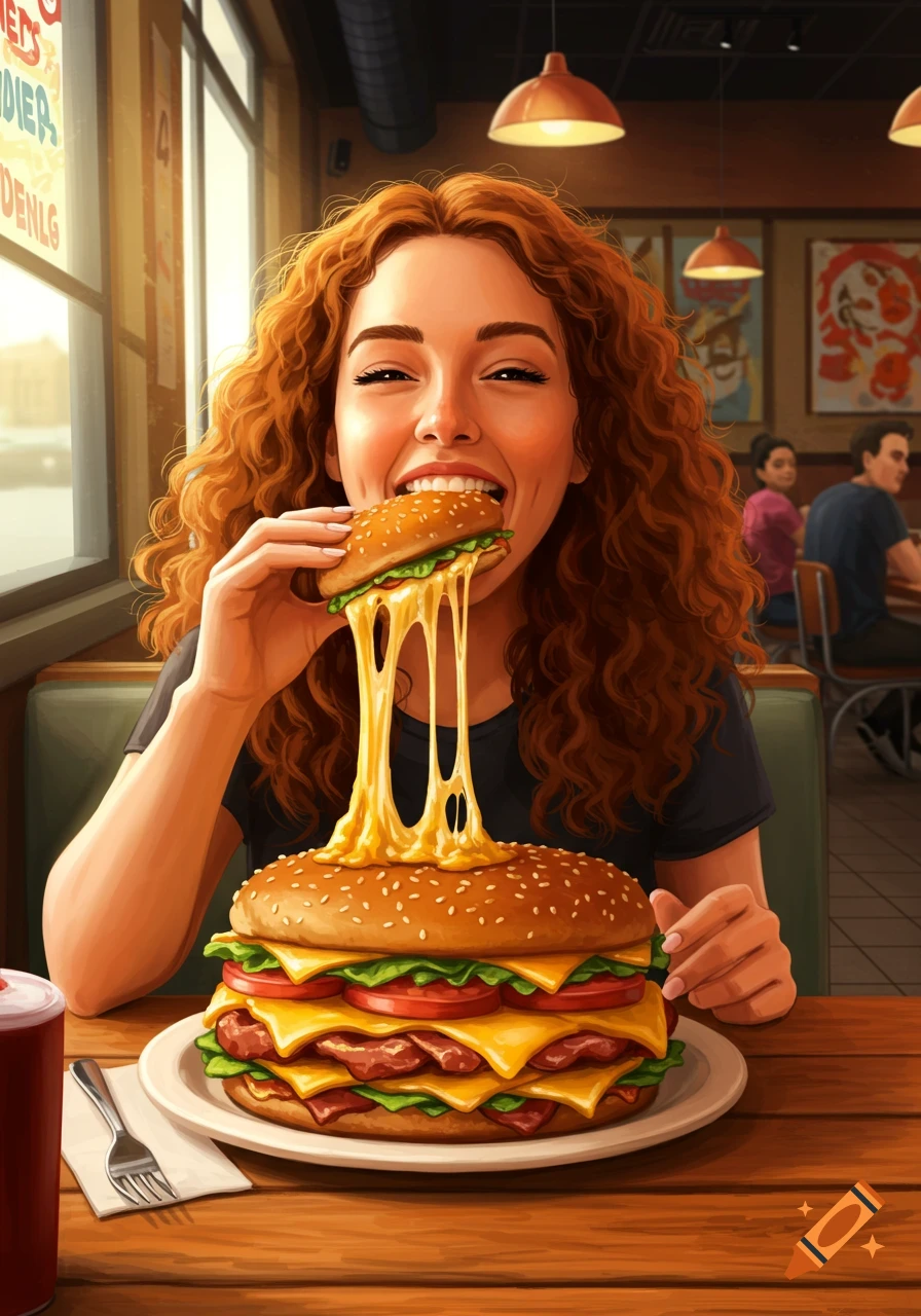 A smiling woman with curly red hair eats a large, cheesy burger, pulling long strands of melted cheese. She is in a restaurant.
