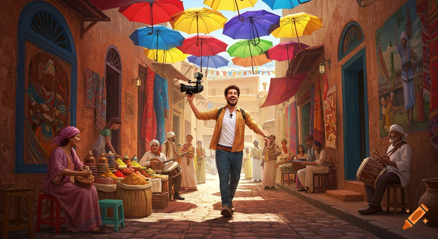 A man films with a camera in a vibrant market street, surrounded by people, stalls, and colorful umbrellas overhead, in a warm, illustrative style.