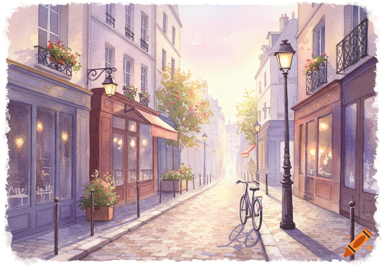 A soft watercolor painting of a charming European street scene at sunrise or sunset, with old buildings, shops, a bicycle, and lampposts.