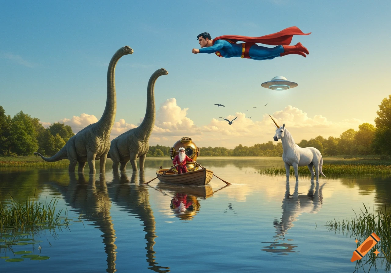Superman flies over a sunny lake where Santa rows a boat, flanked by two long-necked dinosaurs, a unicorn, and a UFO.