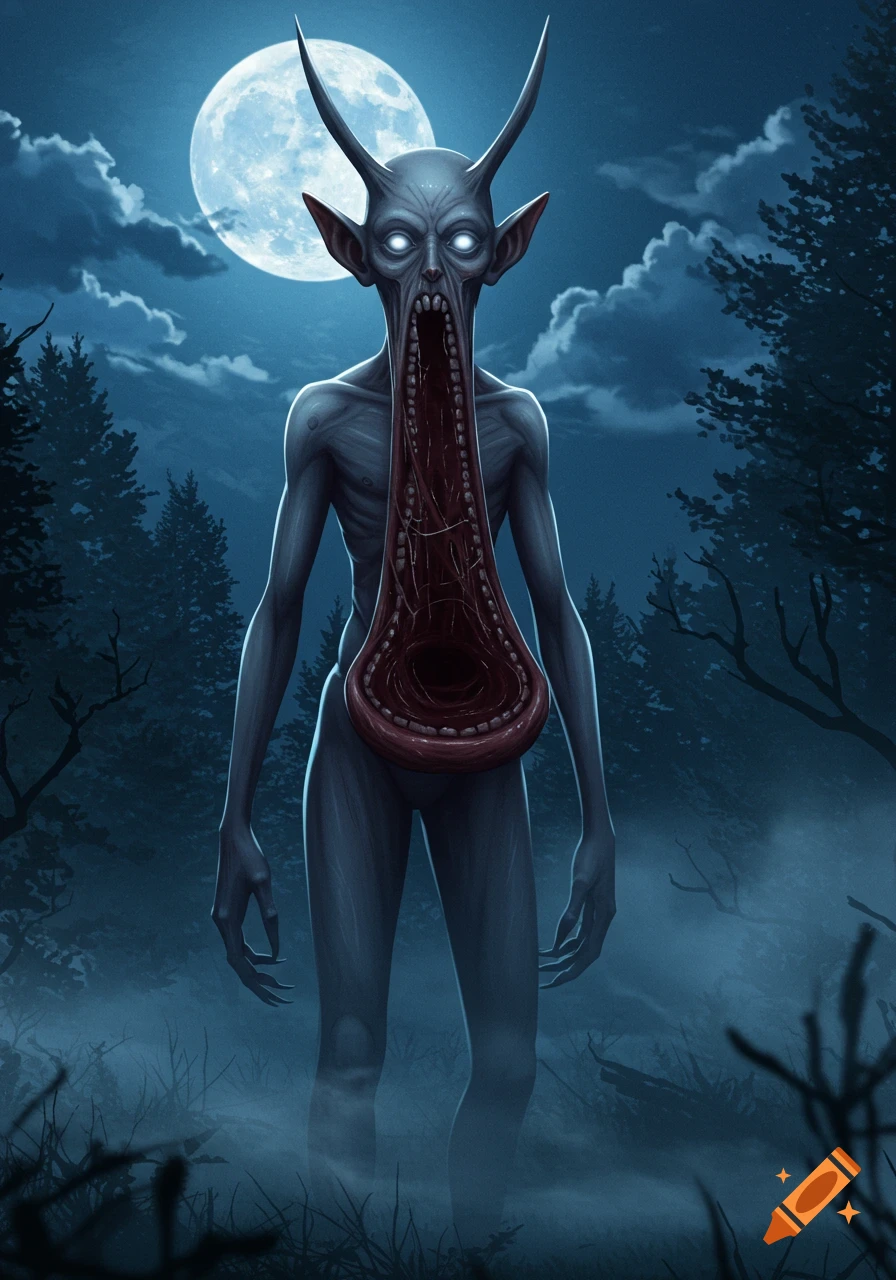 A gaunt grey monster with horns, pointy ears, and a long gaping mouth stands in a dark forest under a full moon, anime style.