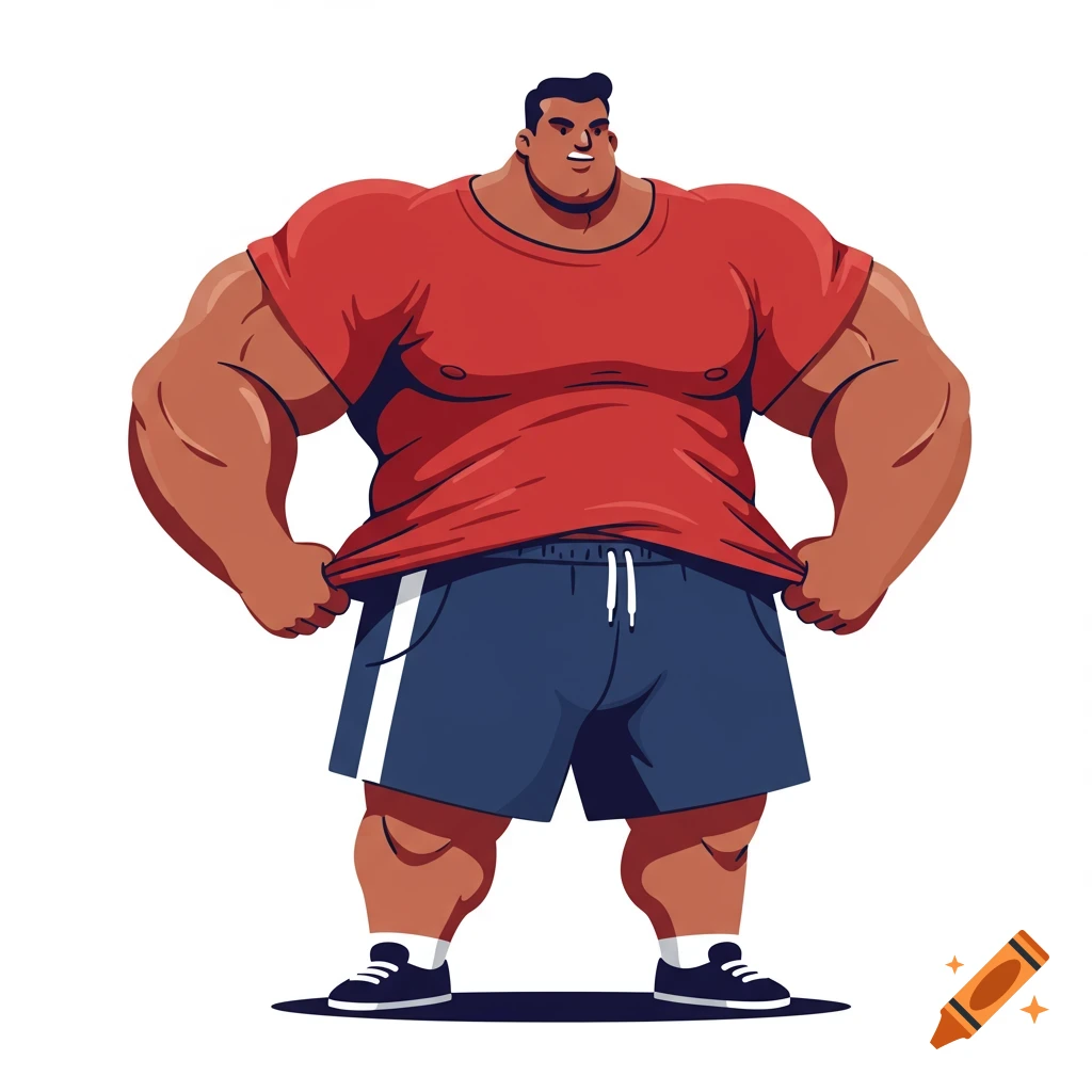 A muscular cartoon man in a red t-shirt and blue shorts pulls at his shirt, illustration style.