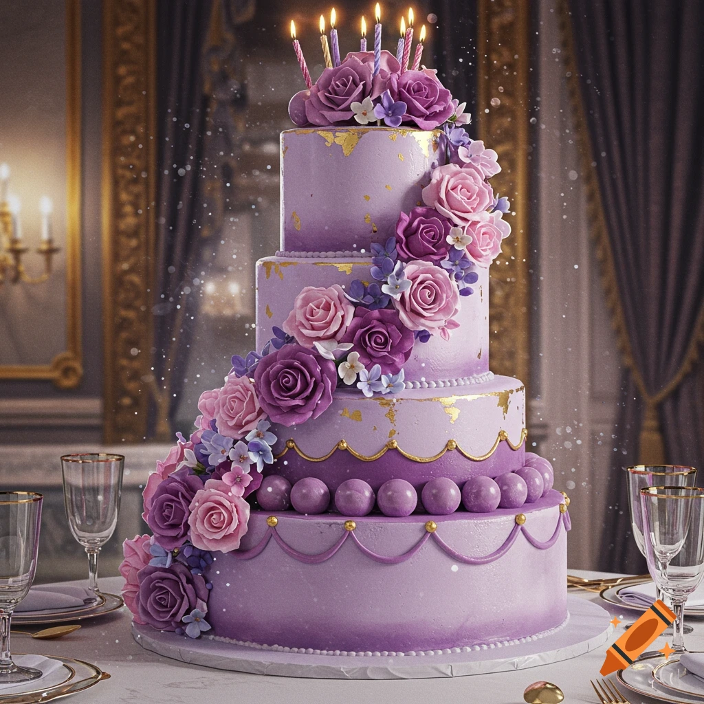 A tall, purple tiered cake decorated with pink and purple roses, gold accents, and lit candles, on a table in an opulent room.