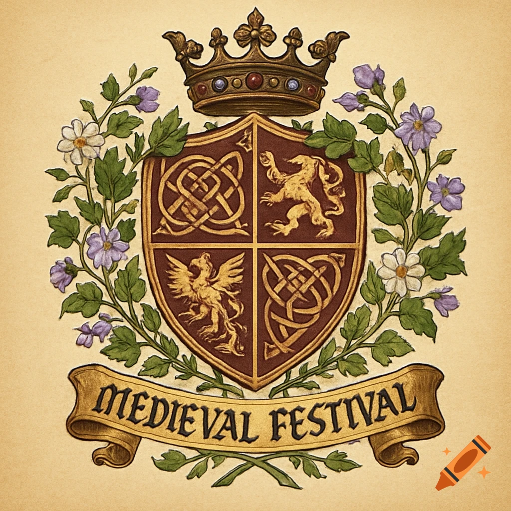 Medieval crest with crown, shield featuring a lion, griffin, Celtic knots, floral wreath, and a banner reading 'MEDIEVAL FESTIVAL'.