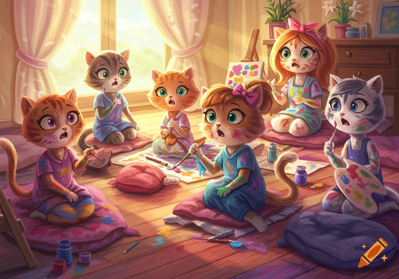 Six cartoon cat characters covered in paint, sitting on pillows and holding brushes, in a brightly lit room.