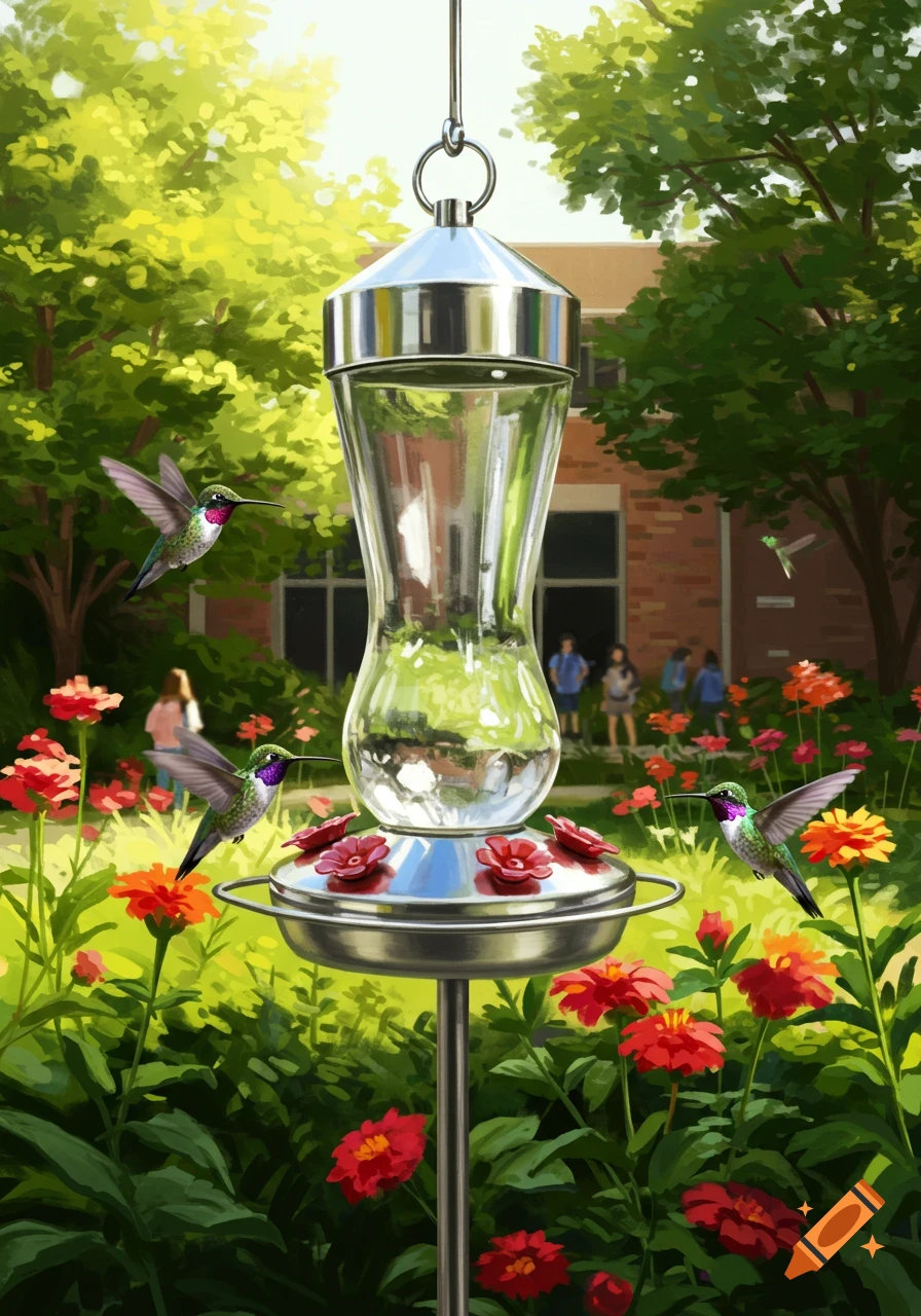 Three hummingbirds hover around a glass and stainless steel feeder in a vibrant, sunlit garden with red and orange flowers.