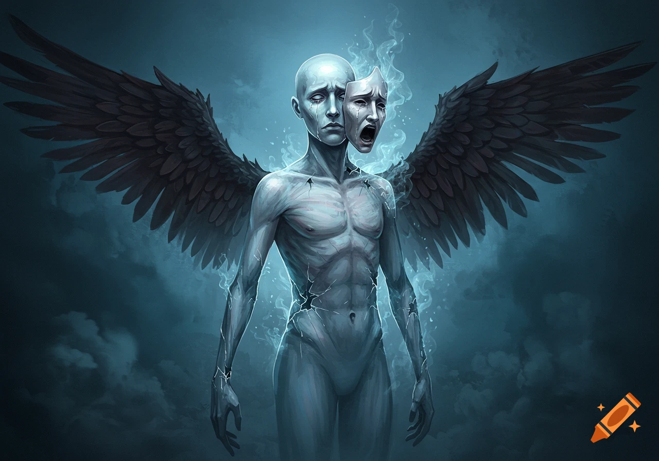 An ethereal, pale, winged figure with cracked skin and a face split into a crying and a snarling mask, emanating smoke.