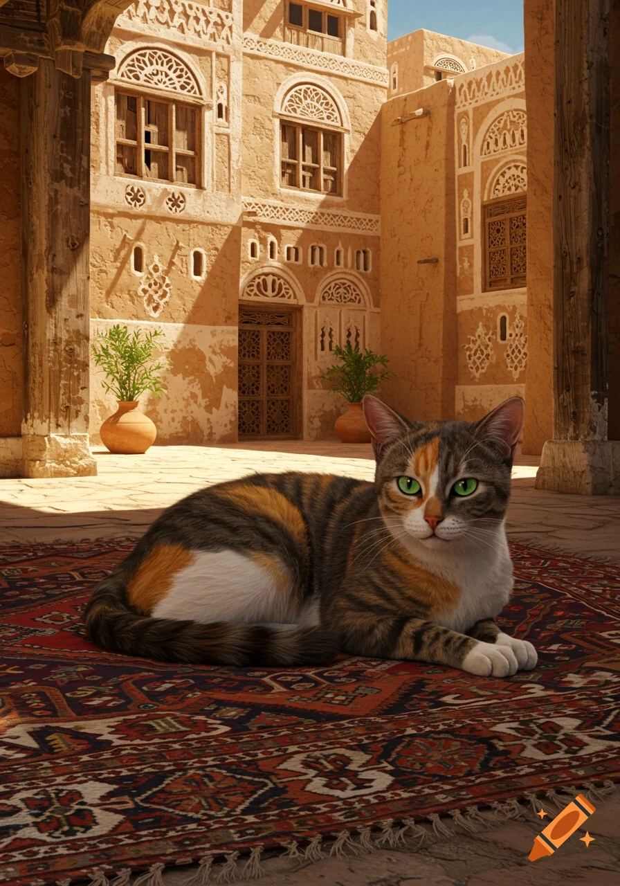 A calico cat with green eyes lies on a patterned rug in front of a traditional Yemeni building.