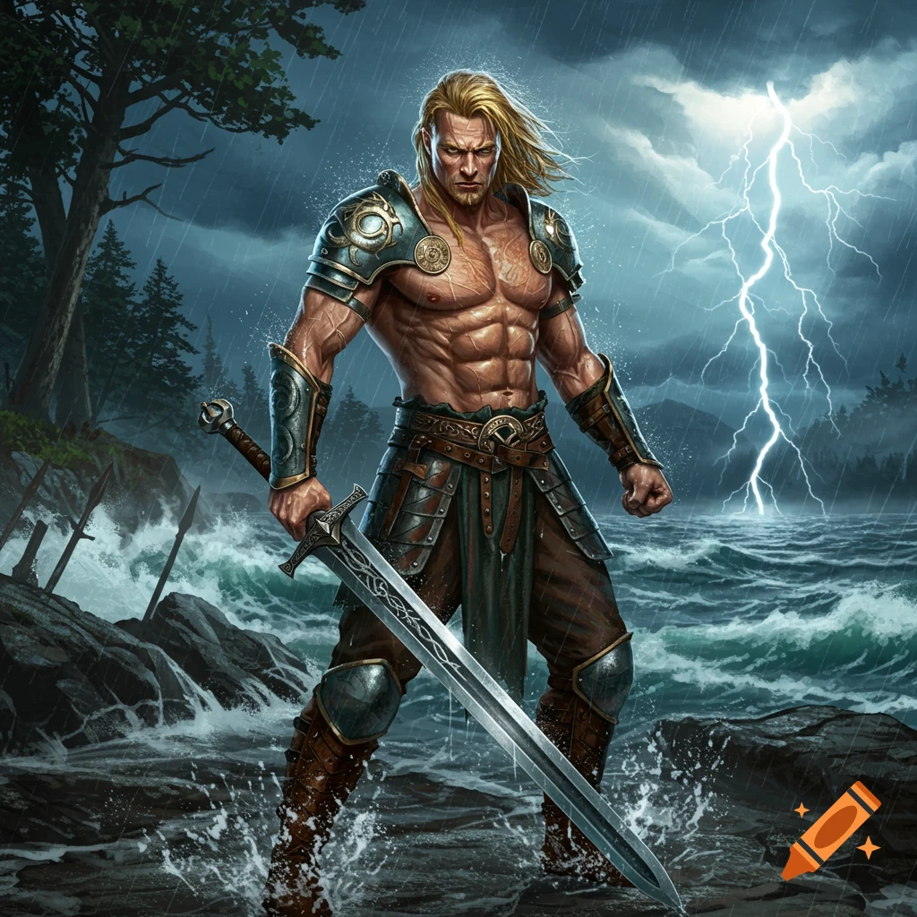 Muscular, blonde warrior in armor stands on a stormy coast, holding a large sword, with lightning in the sky.