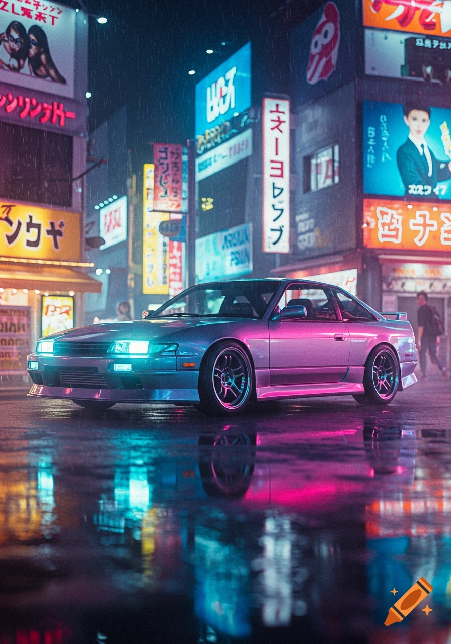 A stylized 1993 Nissan 240SX with a purple and blue gradient paint job parked on a wet street in a neon-lit Tokyo city scene at night.
