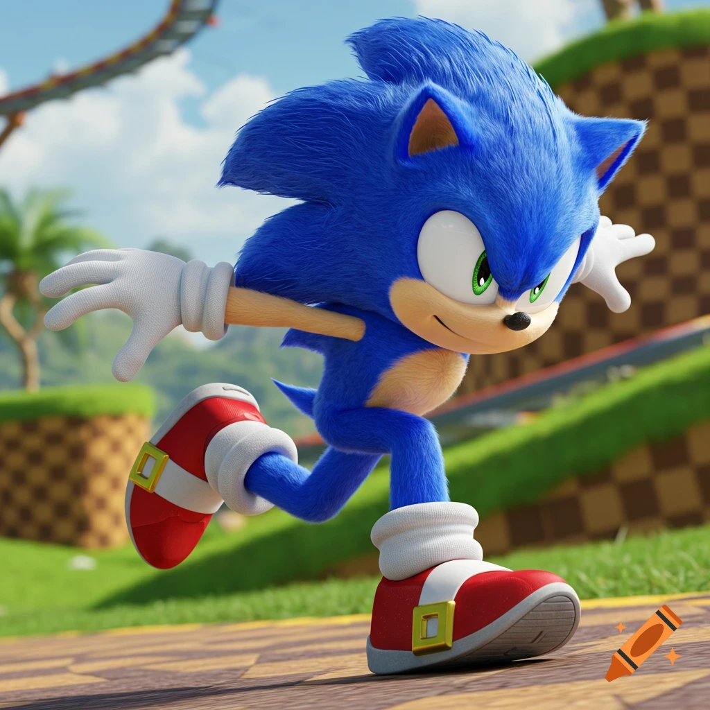 A realistic CGI rendering of Sonic the Hedgehog running forward on a checkered path through green hills.